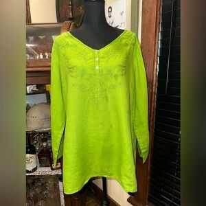 EUC IRISH LINNEN LIME GREEN TUNIC SHIRT VNECK WITH NECK EMBELLISH SZ XL